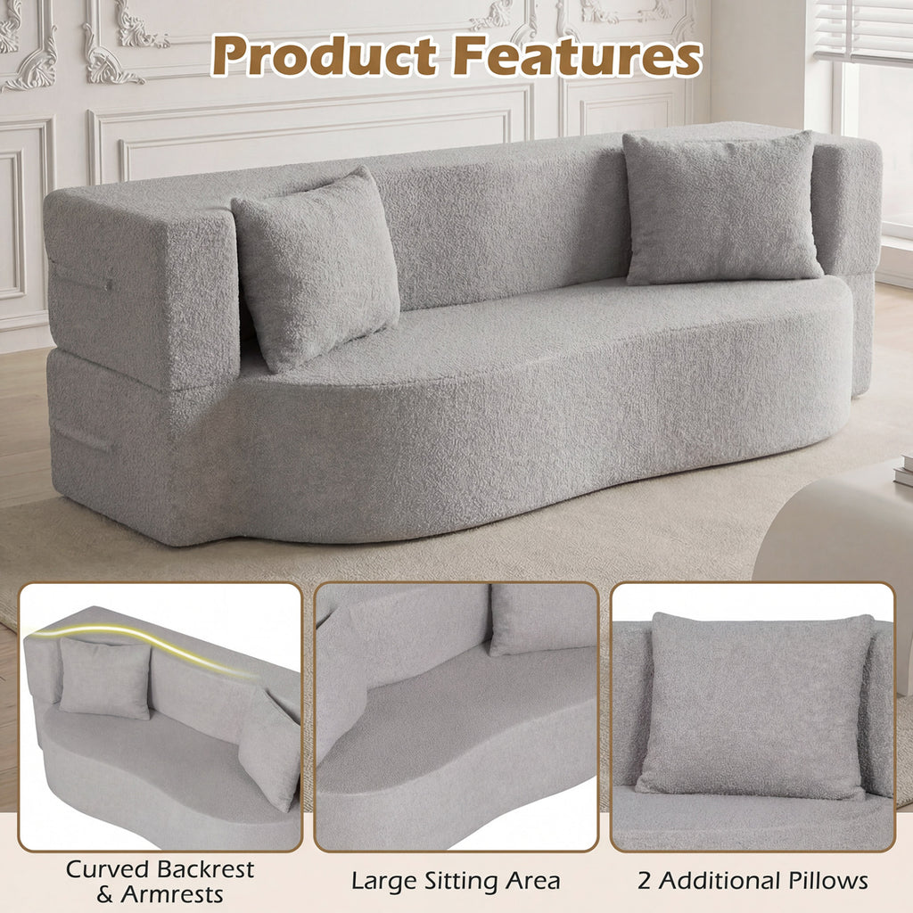 75.5 inch Folding Sofa Bed 2-in-1 Convertible Teddy Fleece Floor Loveseat with 2 Comfortable Pillows-Gray