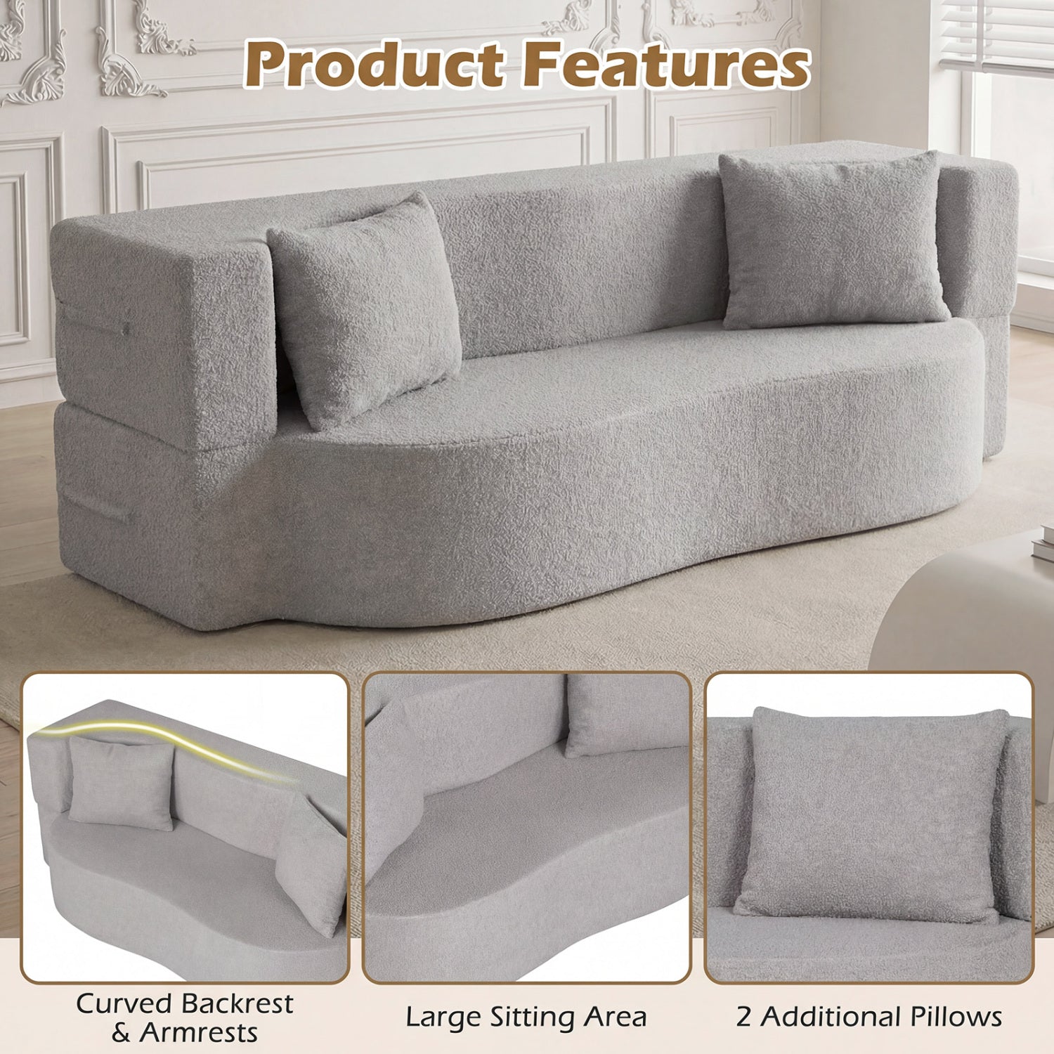 75.5 inch Folding Sofa Bed 2-in-1 Convertible Teddy Fleece Floor Loveseat with 2 Comfortable Pillows-Gray