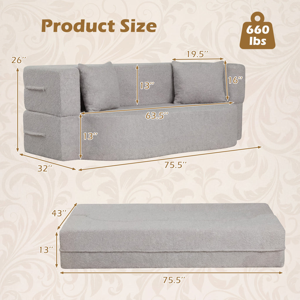 75.5 inch Folding Sofa Bed 2-in-1 Convertible Teddy Fleece Floor Loveseat with 2 Comfortable Pillows-Gray