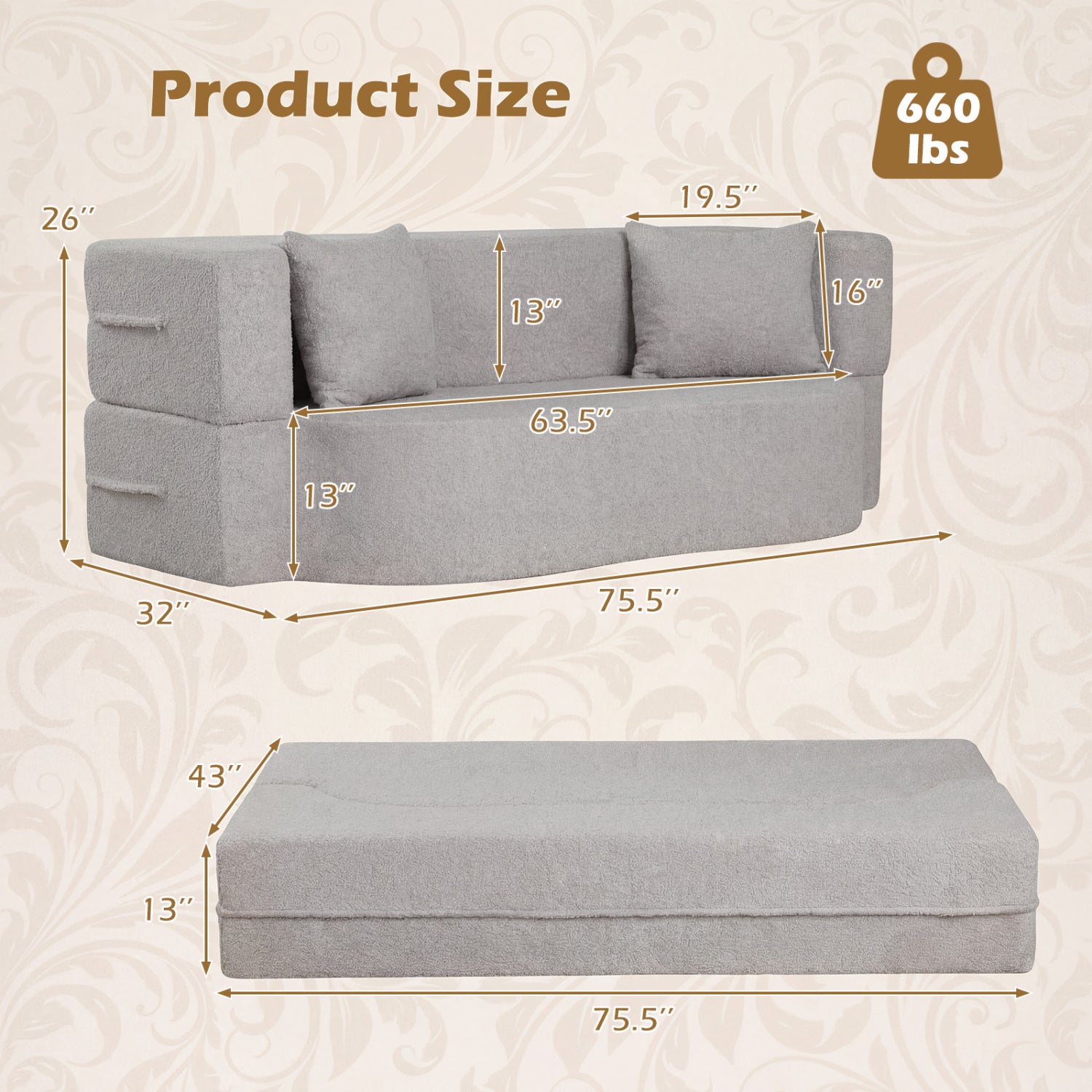 75.5 inch Folding Sofa Bed 2-in-1 Convertible Teddy Fleece Floor Loveseat with 2 Comfortable Pillows-Gray