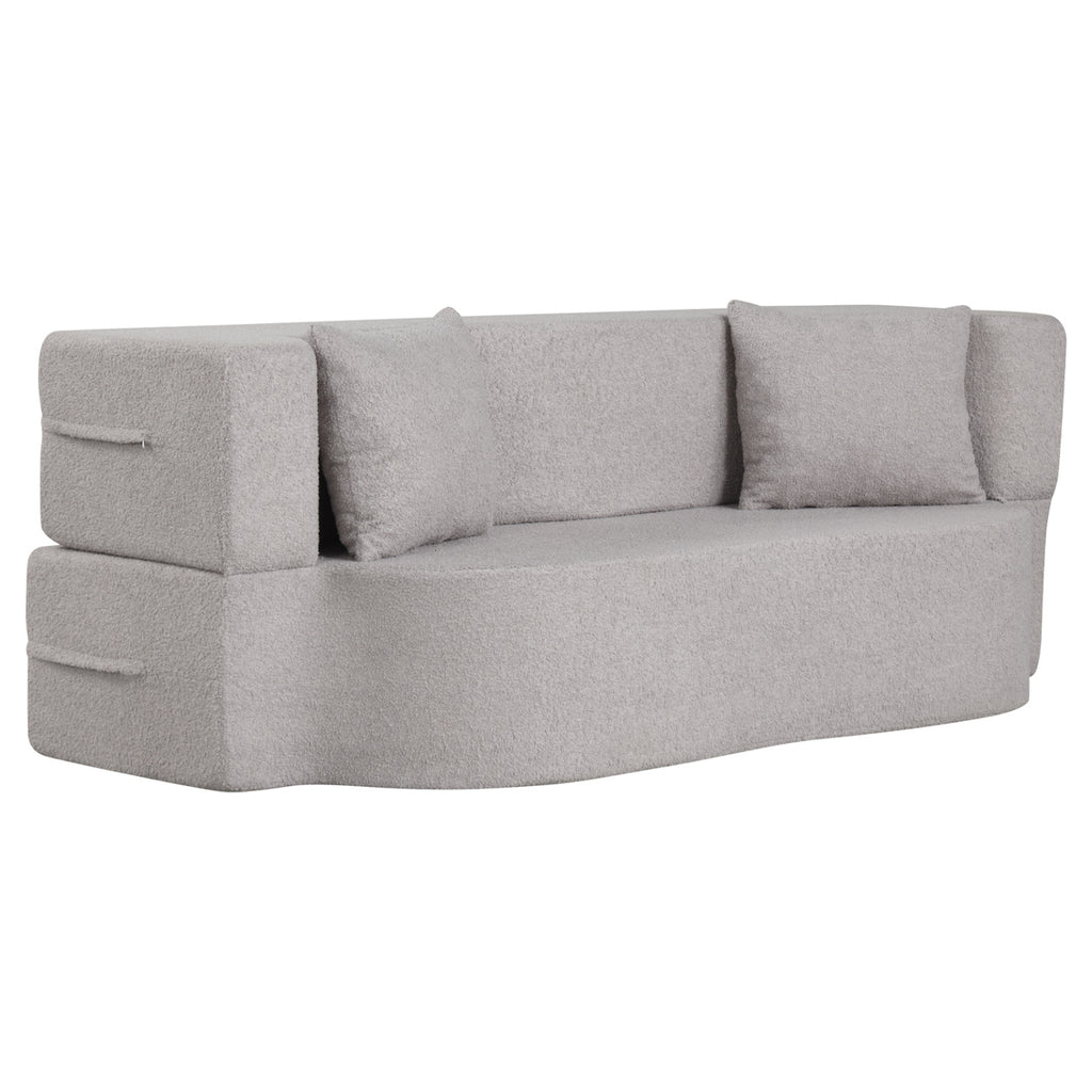75.5 inch Folding Sofa Bed 2-in-1 Convertible Teddy Fleece Floor Loveseat with 2 Comfortable Pillows-Gray