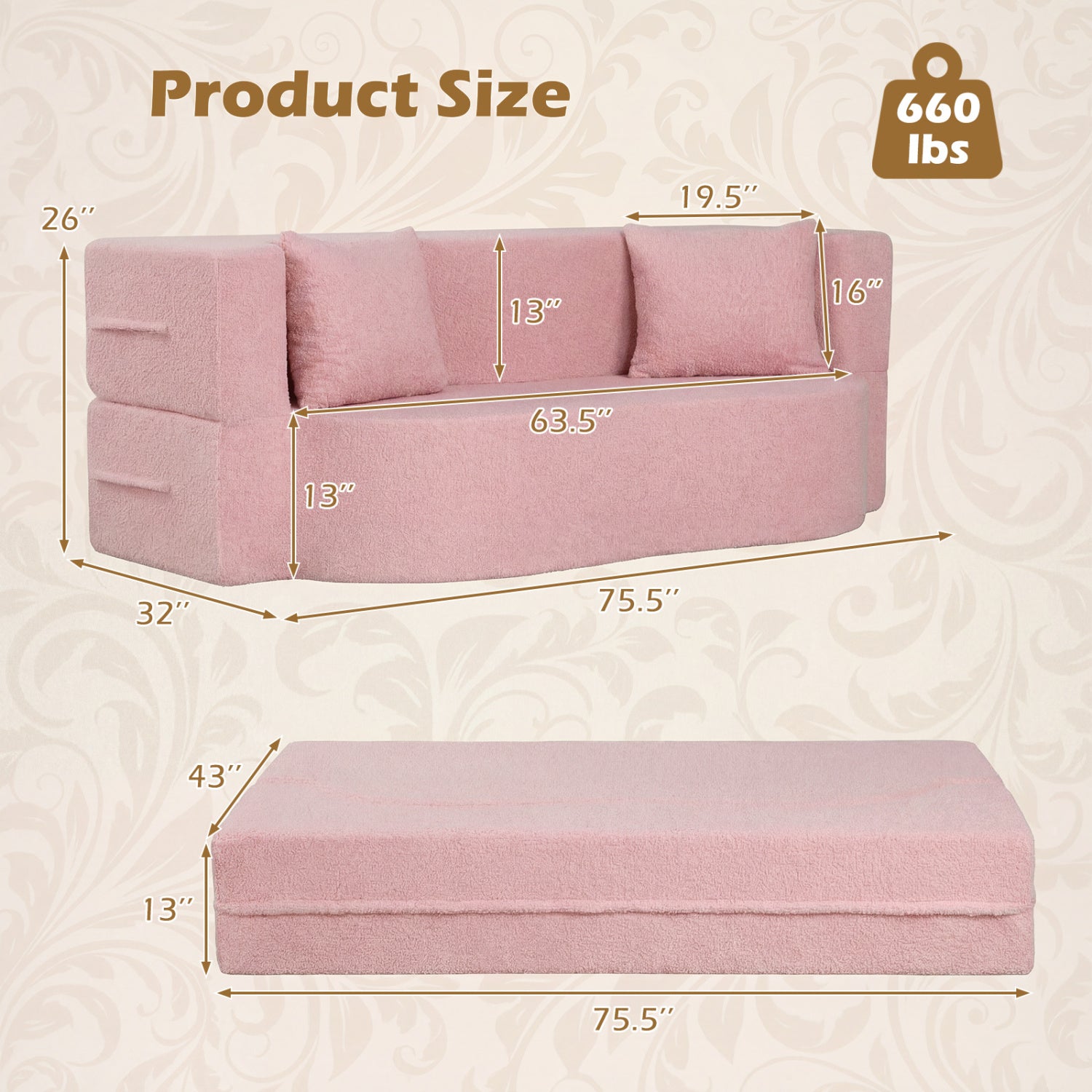 75.5 inch Folding Sofa Bed 2-in-1 Convertible Teddy Fleece Floor Loveseat with 2 Comfortable Pillows-Pink