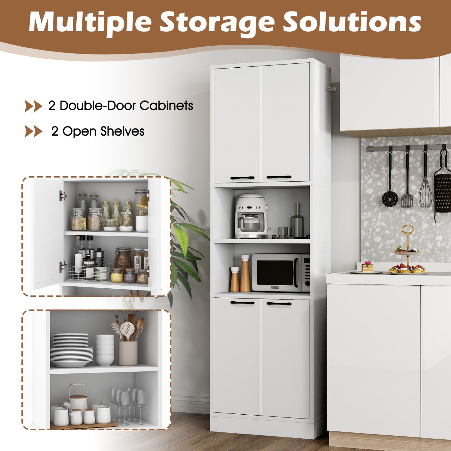 75 Inch Kitchen Pantry Cabinet Tall Cupboard with Doors and Shelves-White