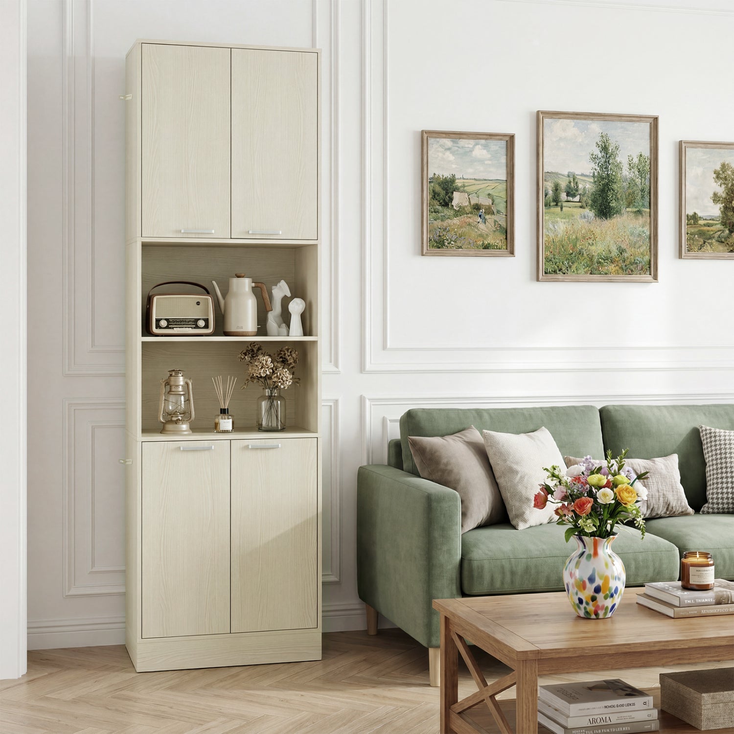 75 Inch Kitchen Pantry Cabinet Tall Cupboard with Doors and Shelves-Beige