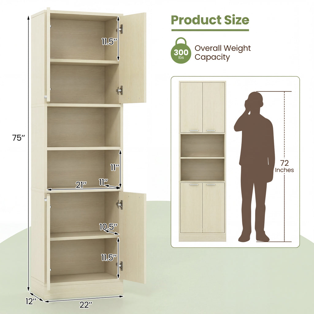 75 Inch Kitchen Pantry Cabinet Tall Cupboard with Doors and Shelves-Beige