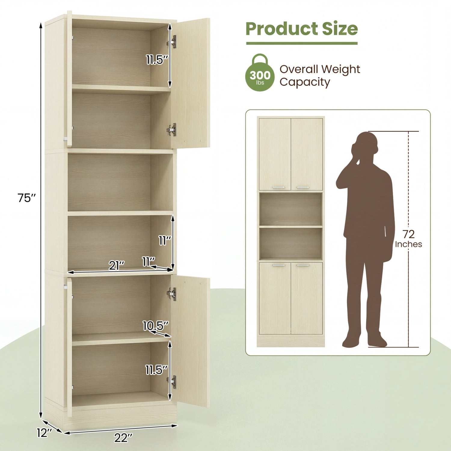 75 Inch Kitchen Pantry Cabinet Tall Cupboard with Doors and Shelves-Beige