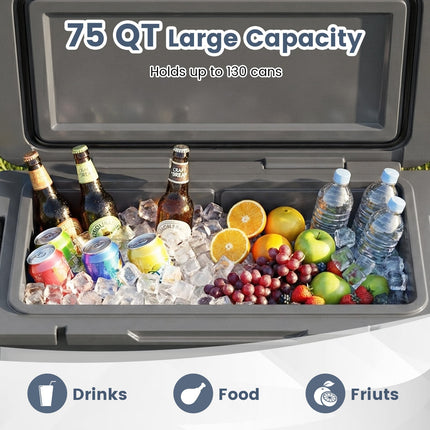 75 Quart Portable Hard Cooler with 6-Day Ice Retention and Wheels-Gray