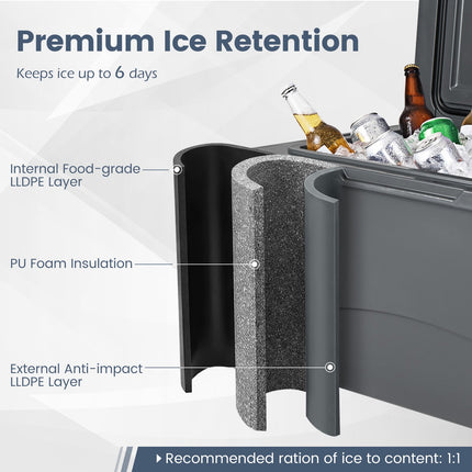 75 Quart Portable Hard Cooler with 6-Day Ice Retention and Wheels-Gray