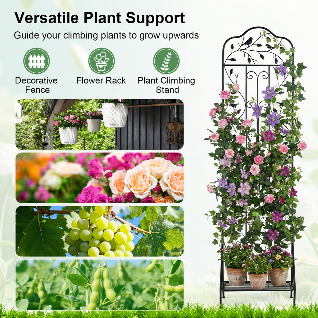 75 x 20 Inch Outdoor Metal Garden Trellis with Foldable Bottom Shelf-Black