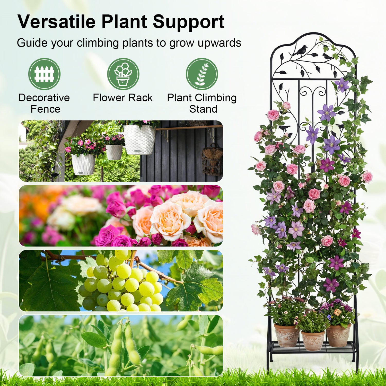75 x 20 Inch Outdoor Metal Garden Trellis with Foldable Bottom Shelf-Black