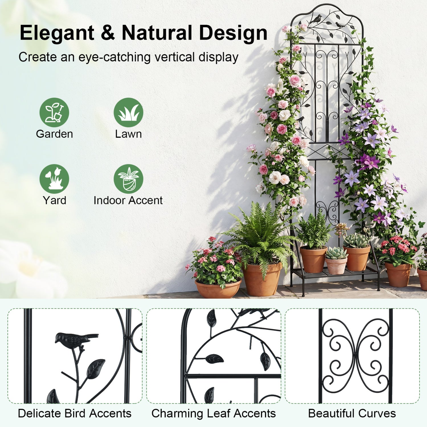 75 x 20 Inch Outdoor Metal Garden Trellis with Foldable Bottom Shelf-Black