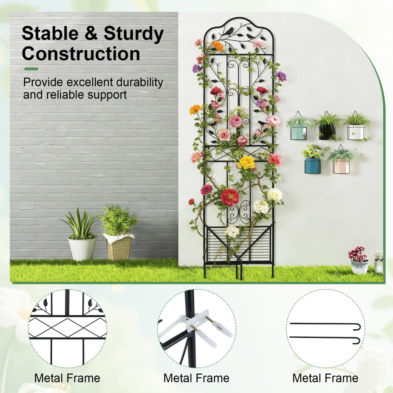 75 x 20 Inch Outdoor Metal Garden Trellis with Foldable Bottom Shelf-Black