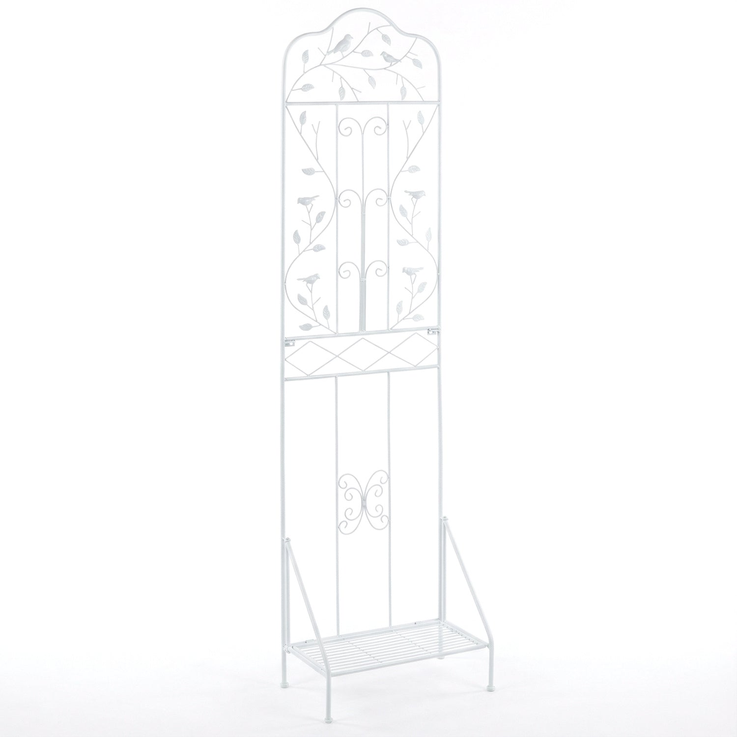 75 x 20 Inch Outdoor Metal Garden Trellis with Foldable Bottom Shelf-White