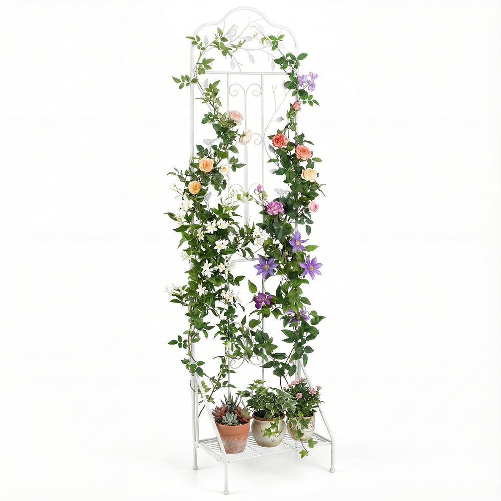 75 x 20 Inch Outdoor Metal Garden Trellis with Foldable Bottom Shelf-White