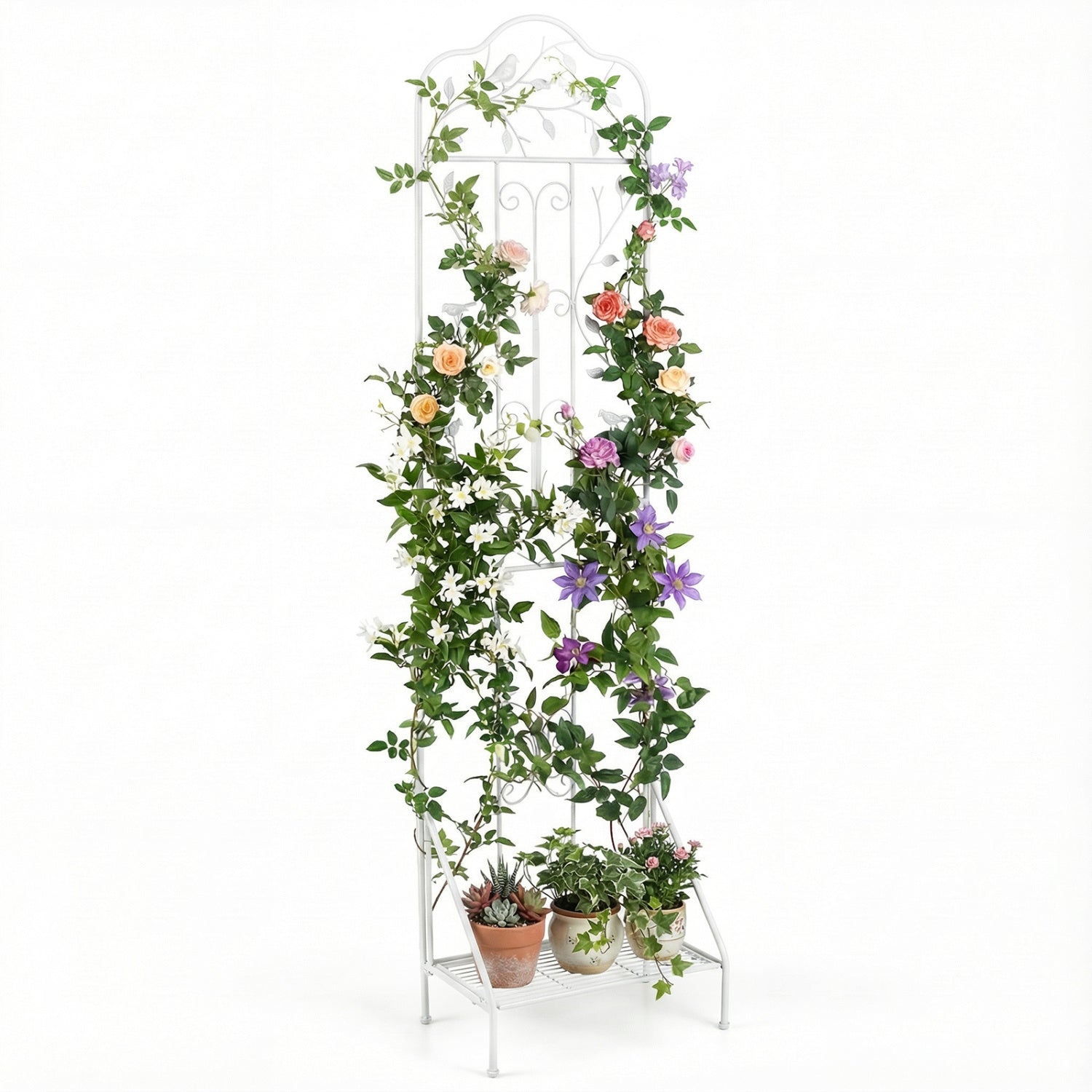 75 x 20 Inch Outdoor Metal Garden Trellis with Foldable Bottom Shelf-White
