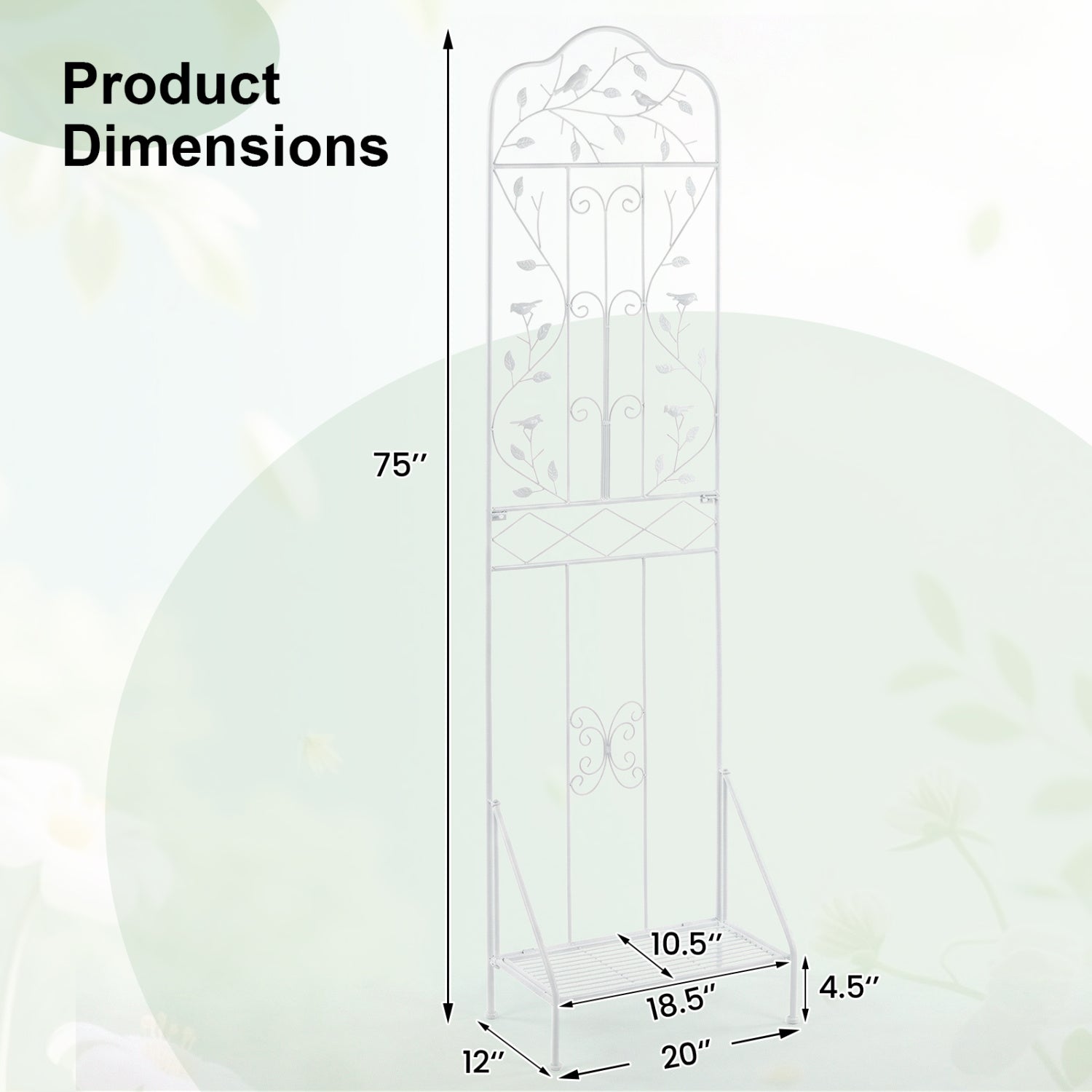 75 x 20 Inch Outdoor Metal Garden Trellis with Foldable Bottom Shelf-White
