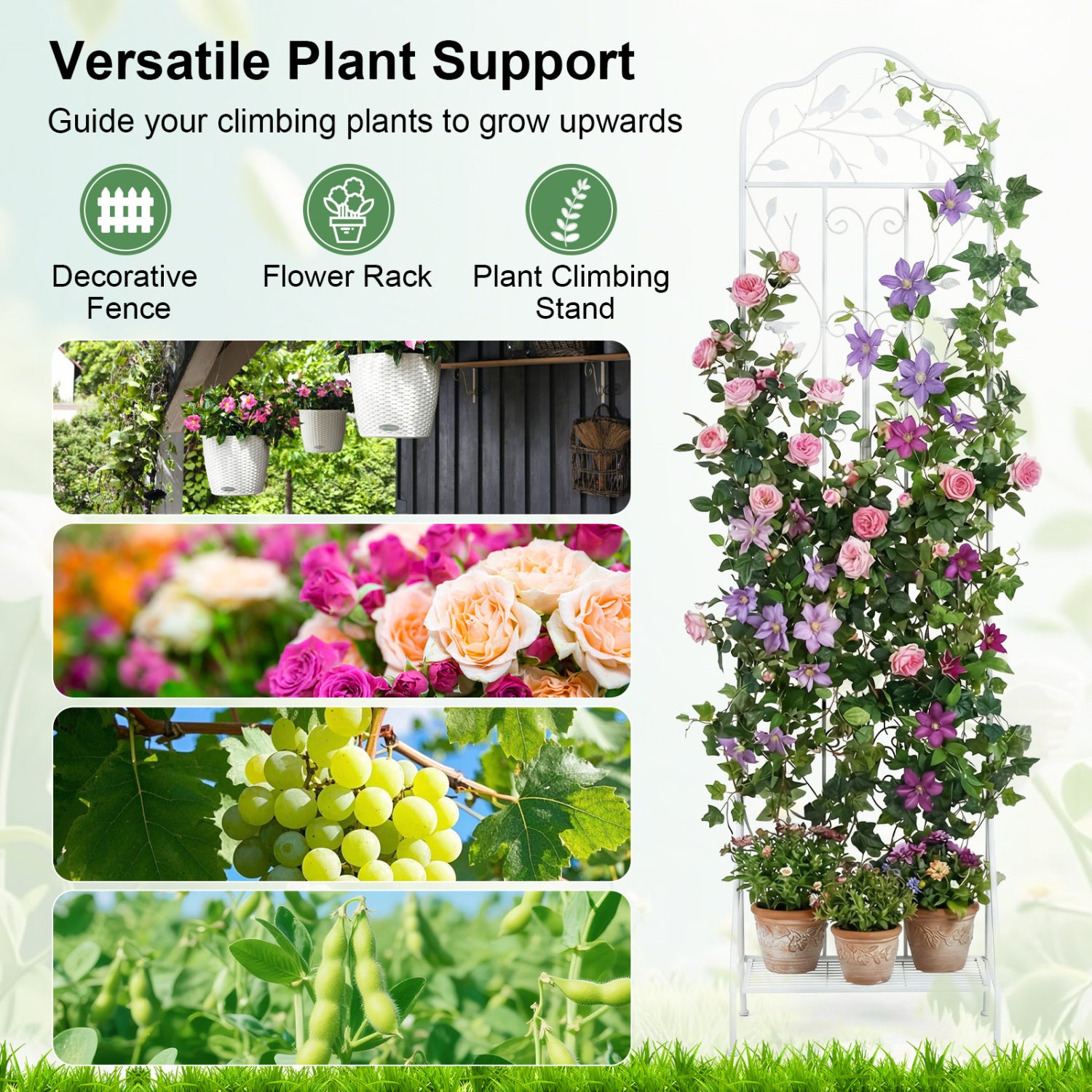 75 x 20 Inch Outdoor Metal Garden Trellis with Foldable Bottom Shelf-White