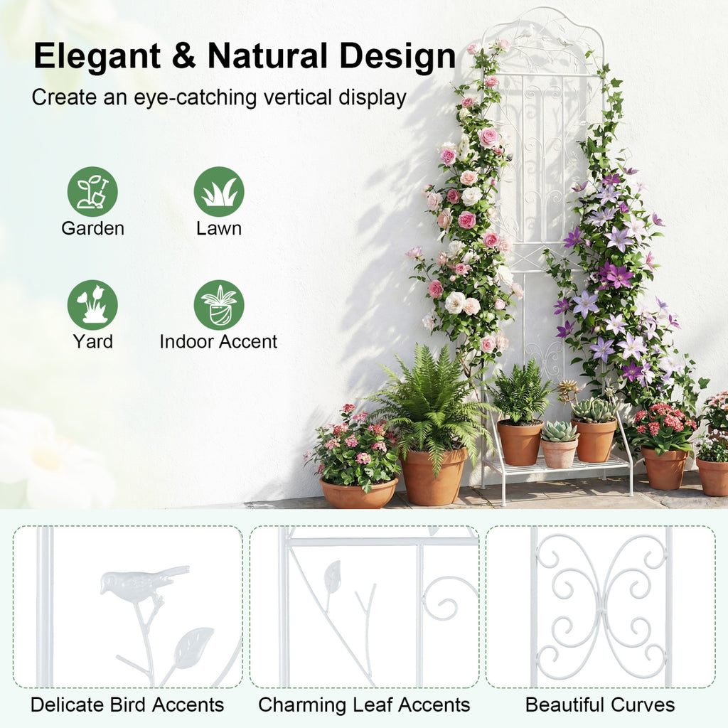 75 x 20 Inch Outdoor Metal Garden Trellis with Foldable Bottom Shelf-White