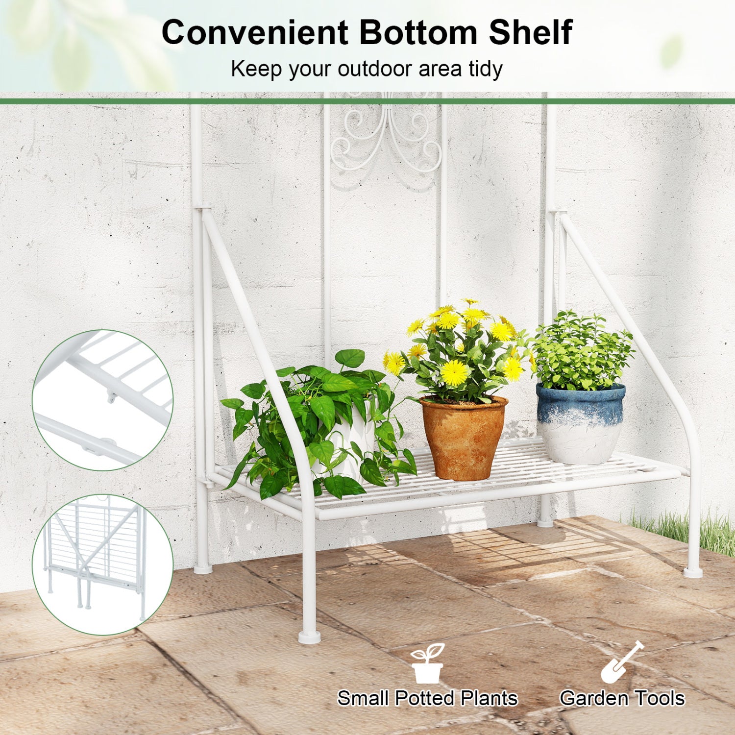 75 x 20 Inch Outdoor Metal Garden Trellis with Foldable Bottom Shelf-White