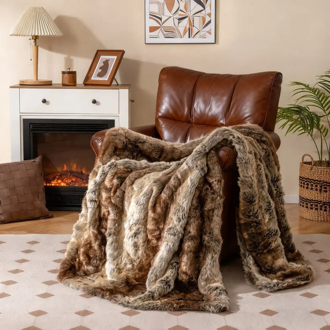 760GSM Soft Plush Fuzzy Luxury Faux Raccoon Fur Blanket for Sofa-M - Coffee - Bedding