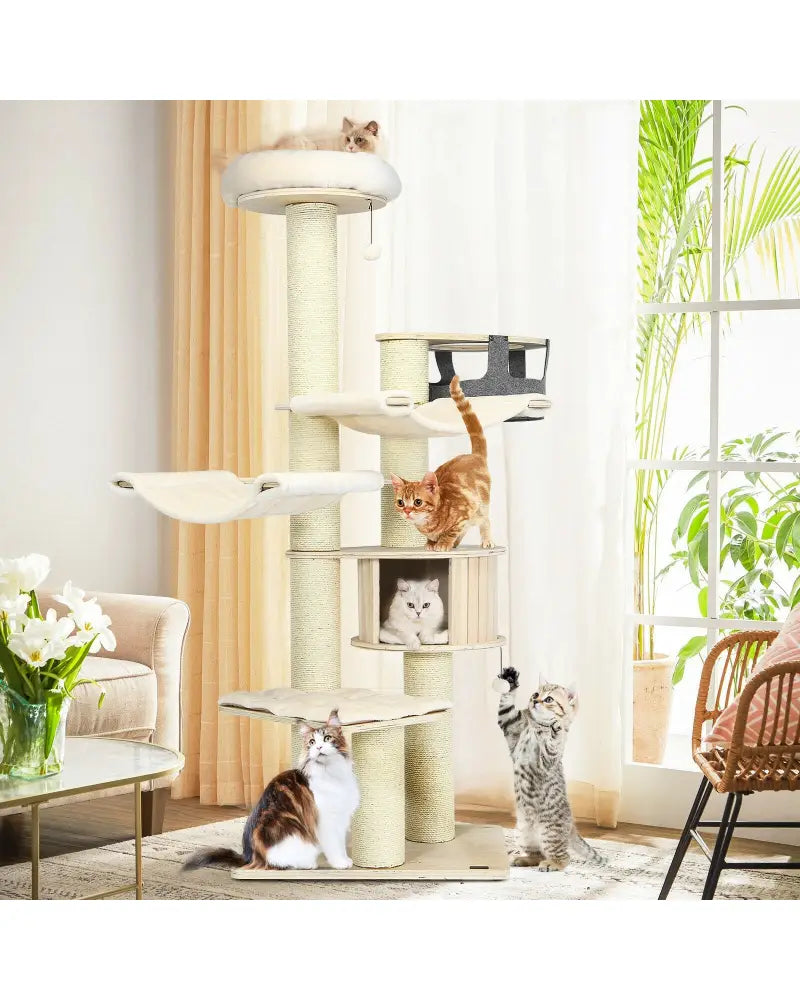 77.5-Inch Cat Tree Condo Multi-Level Kitten Activity Tower with Sisal Posts-Cream White - Beige - Cat Trees Condos &