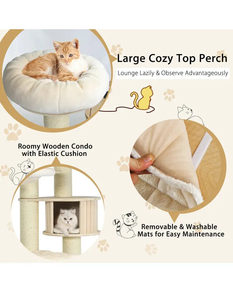 77.5-Inch Cat Tree Condo Multi-Level Kitten Activity Tower with Sisal Posts-Cream White - Beige - Cat Trees Condos &