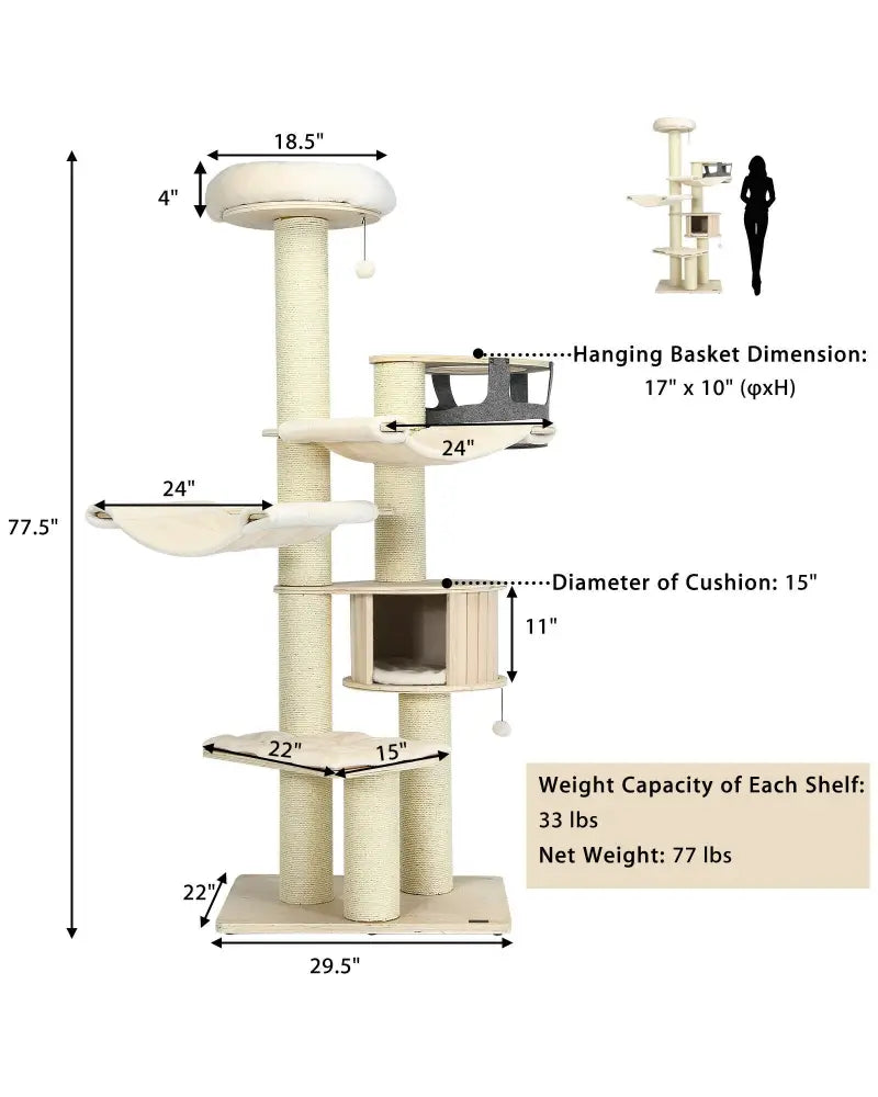 77.5-Inch Cat Tree Condo Multi-Level Kitten Activity Tower with Sisal Posts-Cream White - Beige - Cat Trees Condos &