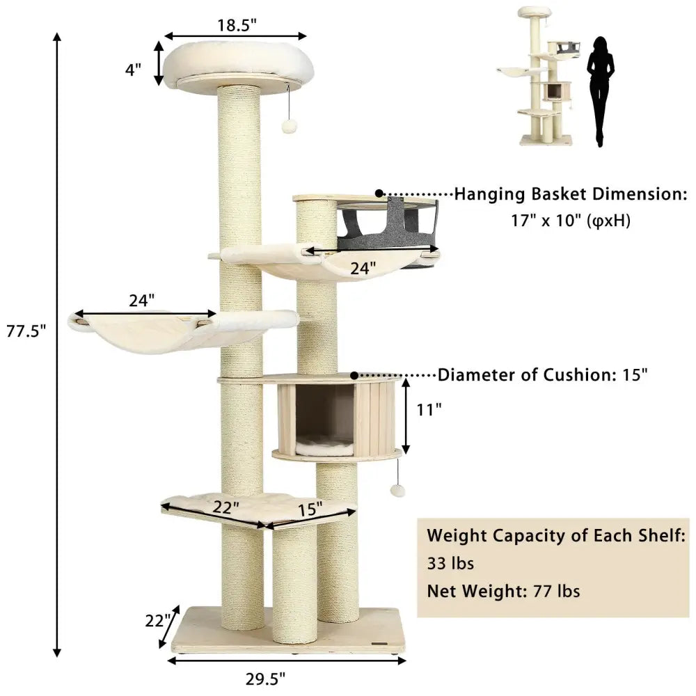 77.5-Inch Cat Tree Condo Multi-Level Kitten Activity Tower with Sisal Posts-Cream White - Beige - Cat Trees Condos &