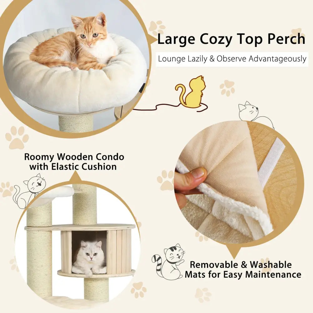 77.5-Inch Cat Tree Condo Multi-Level Kitten Activity Tower with Sisal Posts-Cream White - Beige - Cat Trees Condos &