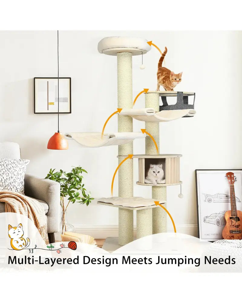 77.5-Inch Cat Tree Condo Multi-Level Kitten Activity Tower with Sisal Posts-Cream White - Beige - Cat Trees Condos &