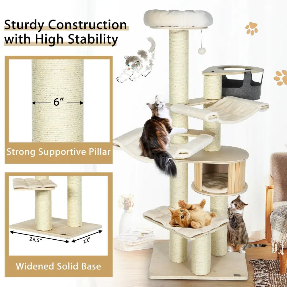 77.5-Inch Cat Tree Condo Multi-Level Kitten Activity Tower with Sisal Posts-Cream White - Beige - Cat Trees Condos &