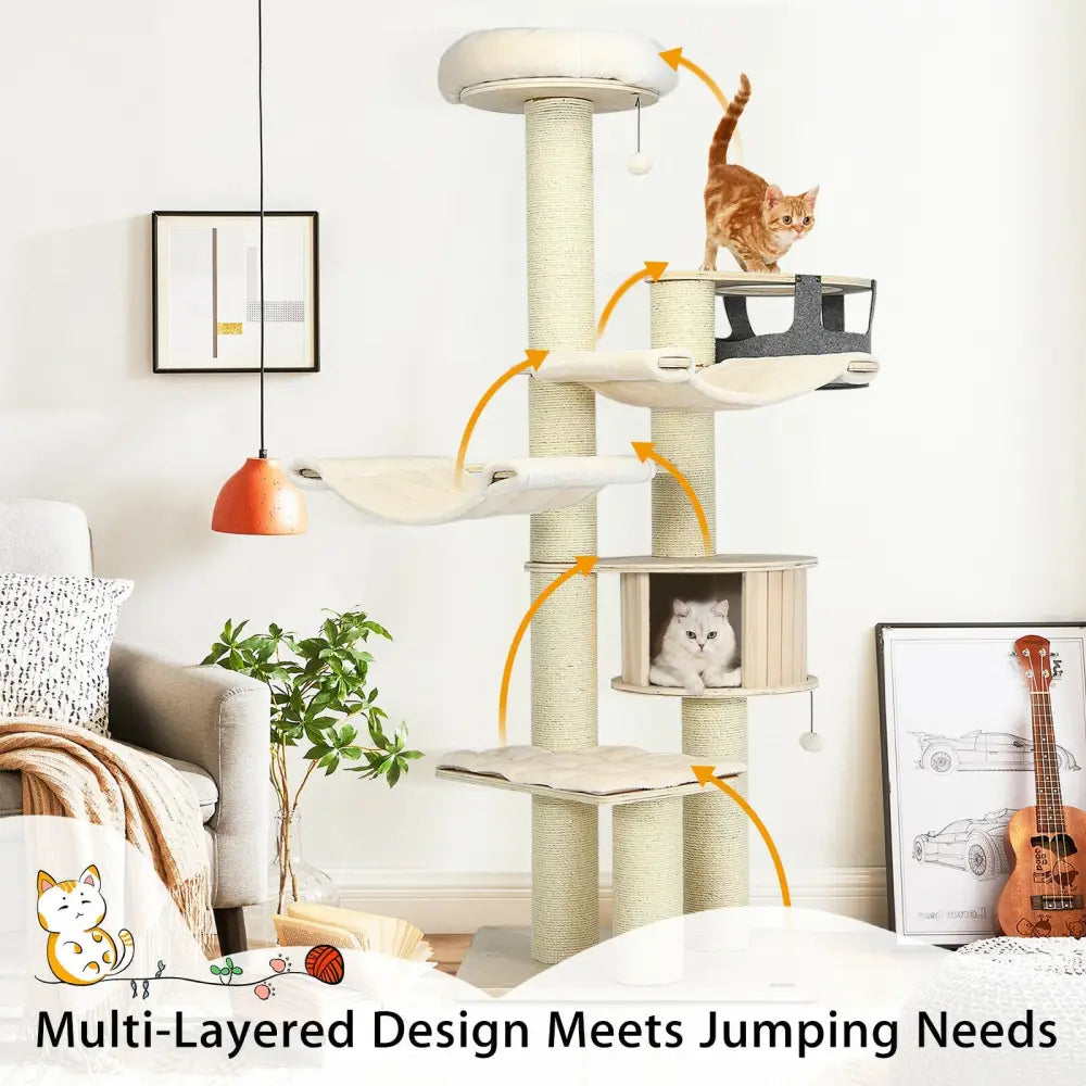 77.5-Inch Cat Tree Condo Multi-Level Kitten Activity Tower with Sisal Posts-Cream White - Beige - Cat Trees Condos &
