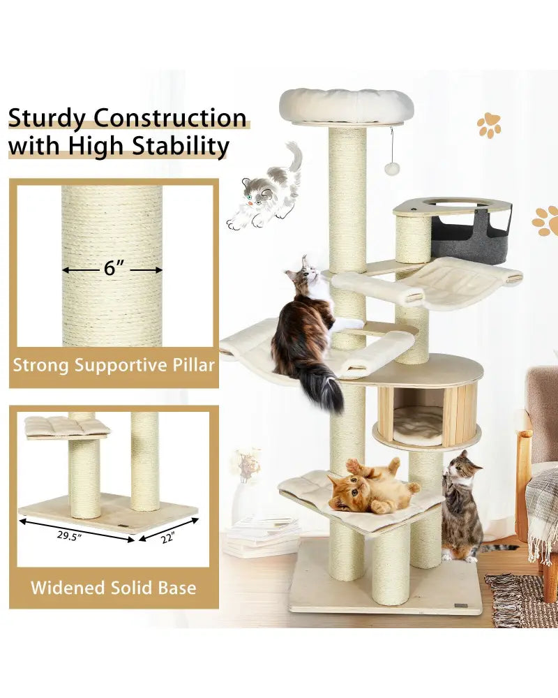 77.5-Inch Cat Tree Condo Multi-Level Kitten Activity Tower with Sisal Posts-Cream White - Beige - Cat Trees Condos &