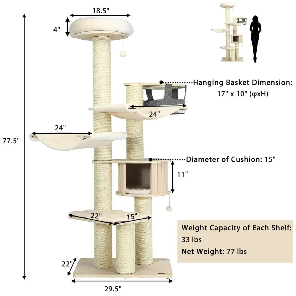 77.5-Inch Cat Tree Condo Multi-Level Kitten Activity Tower with Sisal Posts-Cream White - Beige - Cat Trees Condos &