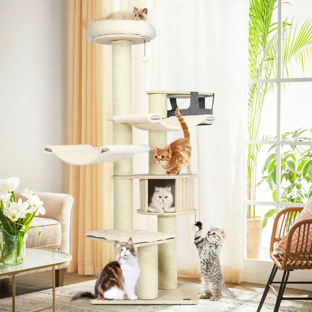 77.5-Inch Cat Tree Condo Multi-Level Kitten Activity Tower with Sisal Posts-Cream White - Beige - Cat Trees Condos &
