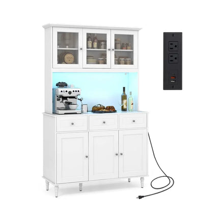 77 Inches Kitchen Pantry Storage Cabinet with LED Lights and Power Outlets-White - White - Sideboards Cabinets & Buffets
