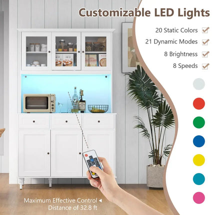77 Inches Kitchen Pantry Storage Cabinet with LED Lights and Power Outlets-White - White - Sideboards Cabinets & Buffets