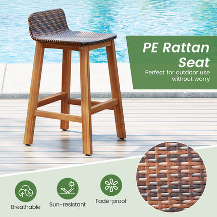 Solid Acacia Wood Bar Stools Set of 2 with Backrests and Footrests for Porch-Brown