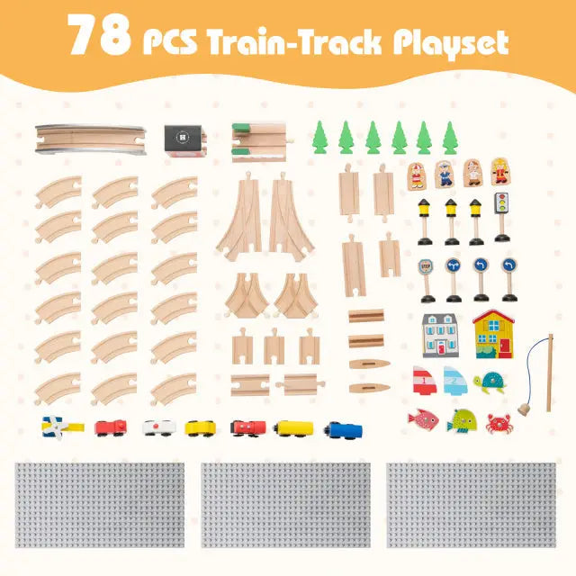 78 Pieces Wooden Train Set Activity Railway Playset for Kids Aged 18M+ - Natural - Learning Toys