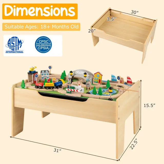 78 Pieces Wooden Train Set Activity Railway Playset for Kids Aged 18M+ - Natural - Learning Toys