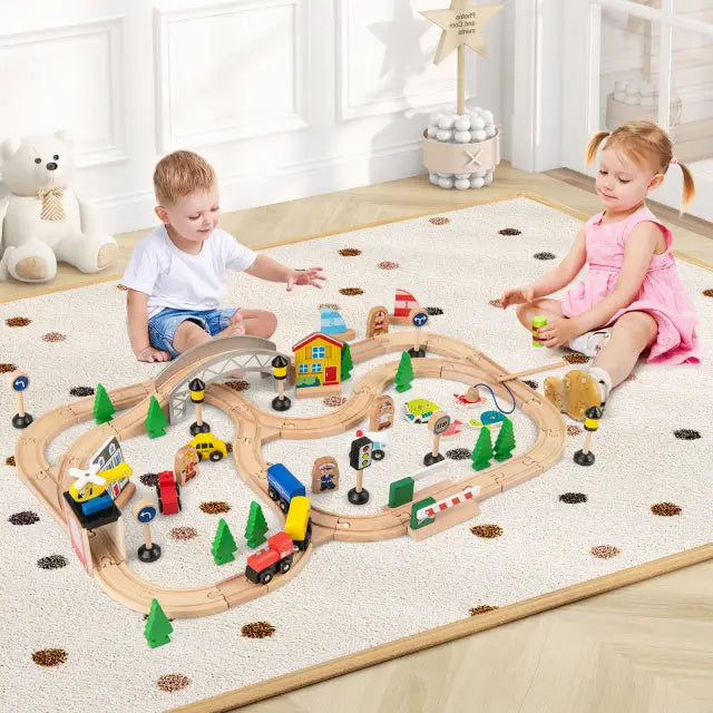 78 Pieces Wooden Train Set Activity Railway Playset for Kids Aged 18M+ - Natural - Learning Toys