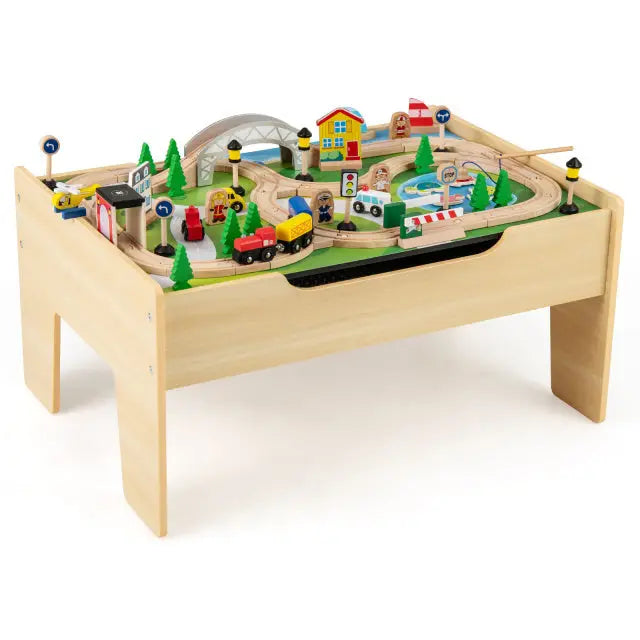 78 Pieces Wooden Train Set Activity Railway Playset for Kids Aged 18M+ - Natural - Learning Toys