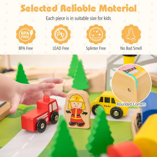 78 Pieces Wooden Train Set Activity Railway Playset for Kids Aged 18M+ - Natural - Learning Toys
