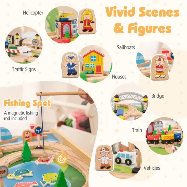 78 Pieces Wooden Train Set Activity Railway Playset for Kids Aged 18M+ - Natural - Learning Toys