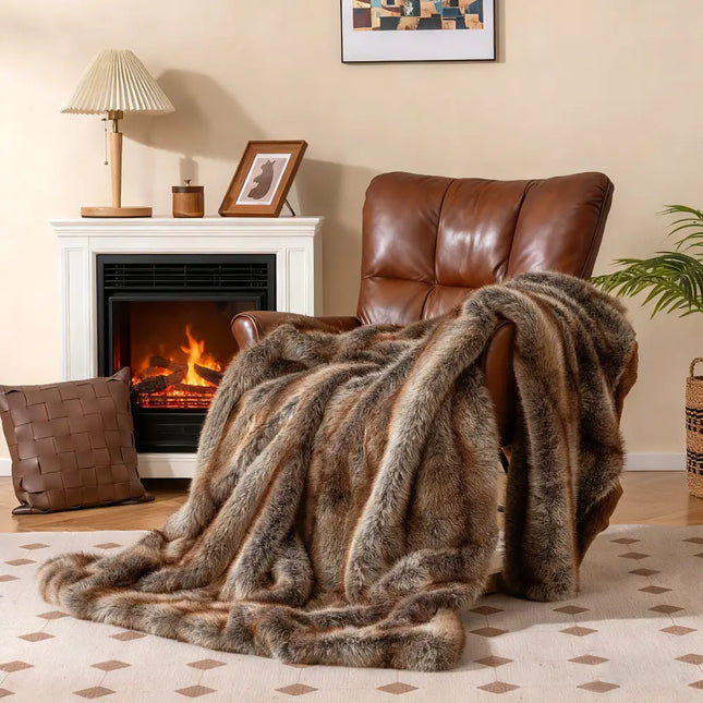 780GSM Soft Plush Fuzzy Luxury Faux Fox Fur Blanket for Sofa-Brown - Brown - Bedding