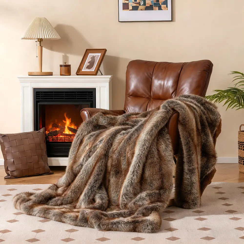 780GSM Soft Plush Fuzzy Luxury Faux Fox Fur Blanket for Sofa-Brown - Brown - Bedding
