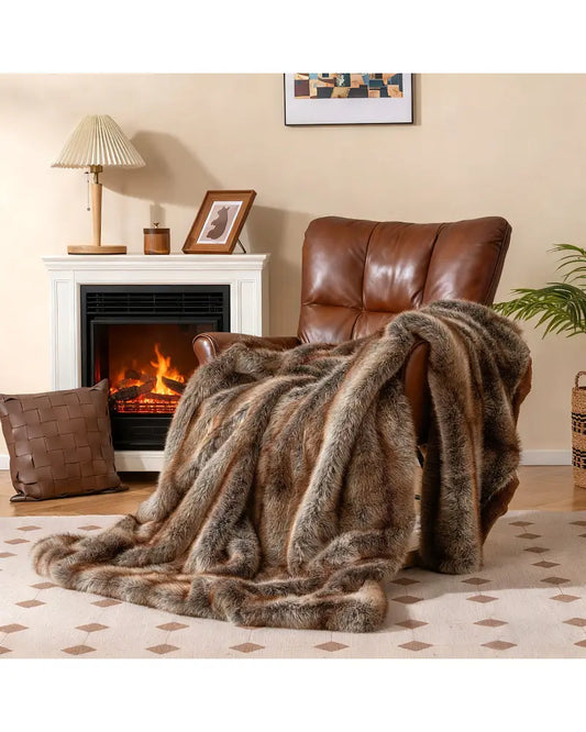 780GSM Soft Plush Fuzzy Luxury Faux Fox Fur Blanket for Sofa-Brown - Brown - Bedding