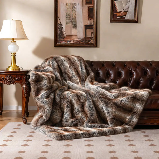 780GSM Soft Plush Fuzzy Luxury Faux Fox Fur Blanket for Sofa-Brown - Brown - Bedding