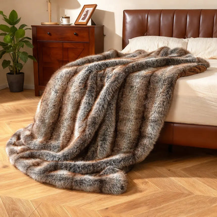 780GSM Soft Plush Fuzzy Luxury Faux Fox Fur Blanket for Sofa-Brown - Brown - Bedding