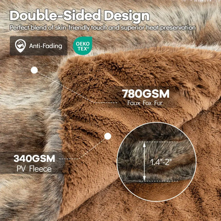 780GSM Soft Plush Fuzzy Luxury Faux Fox Fur Blanket for Sofa-Brown - Brown - Bedding